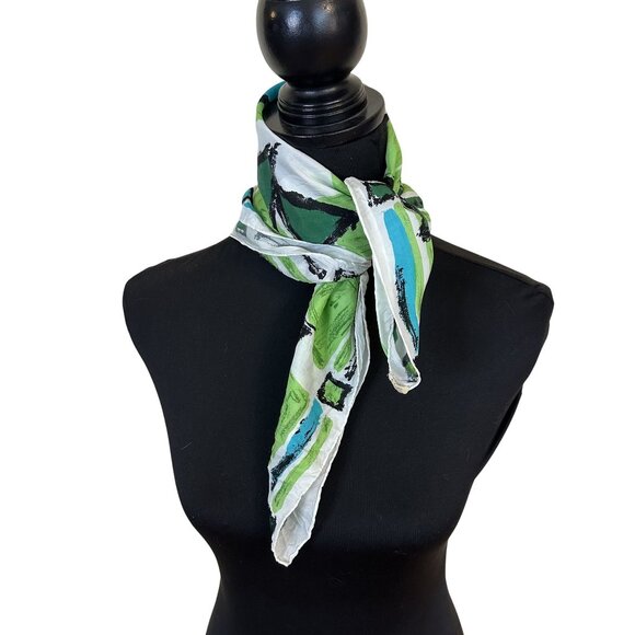 Vtg Womens Neck Head Scarf Geometric Green Blue 21 inch Japan Poly Retro Scarves - Picture 1 of 8